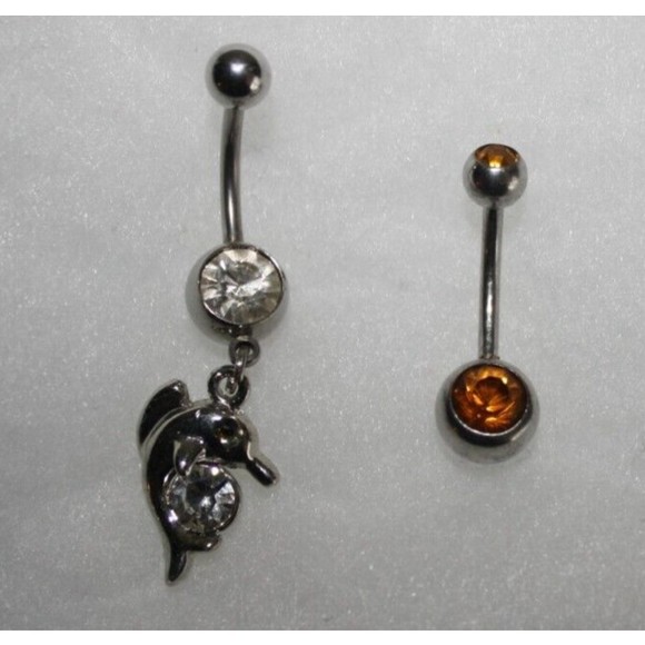 Dolphin & Gold Rhinestone Dangle Belly Rings (2) 14 Gauge Stainless Steel NIP - Picture 2 of 3